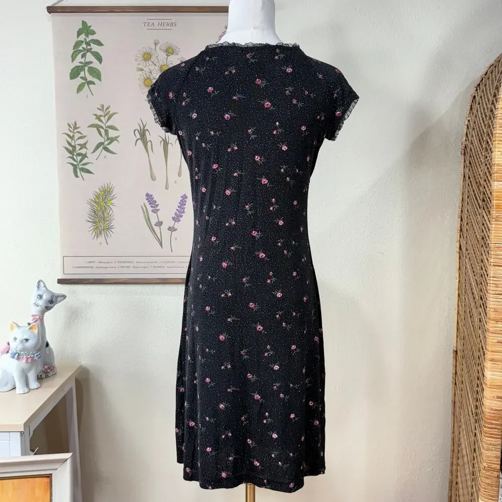 90s Y2k Floral Glitter Slinky Stretch Babydoll Dress Romantic Coquette Dolly S - Picture 5 of 7